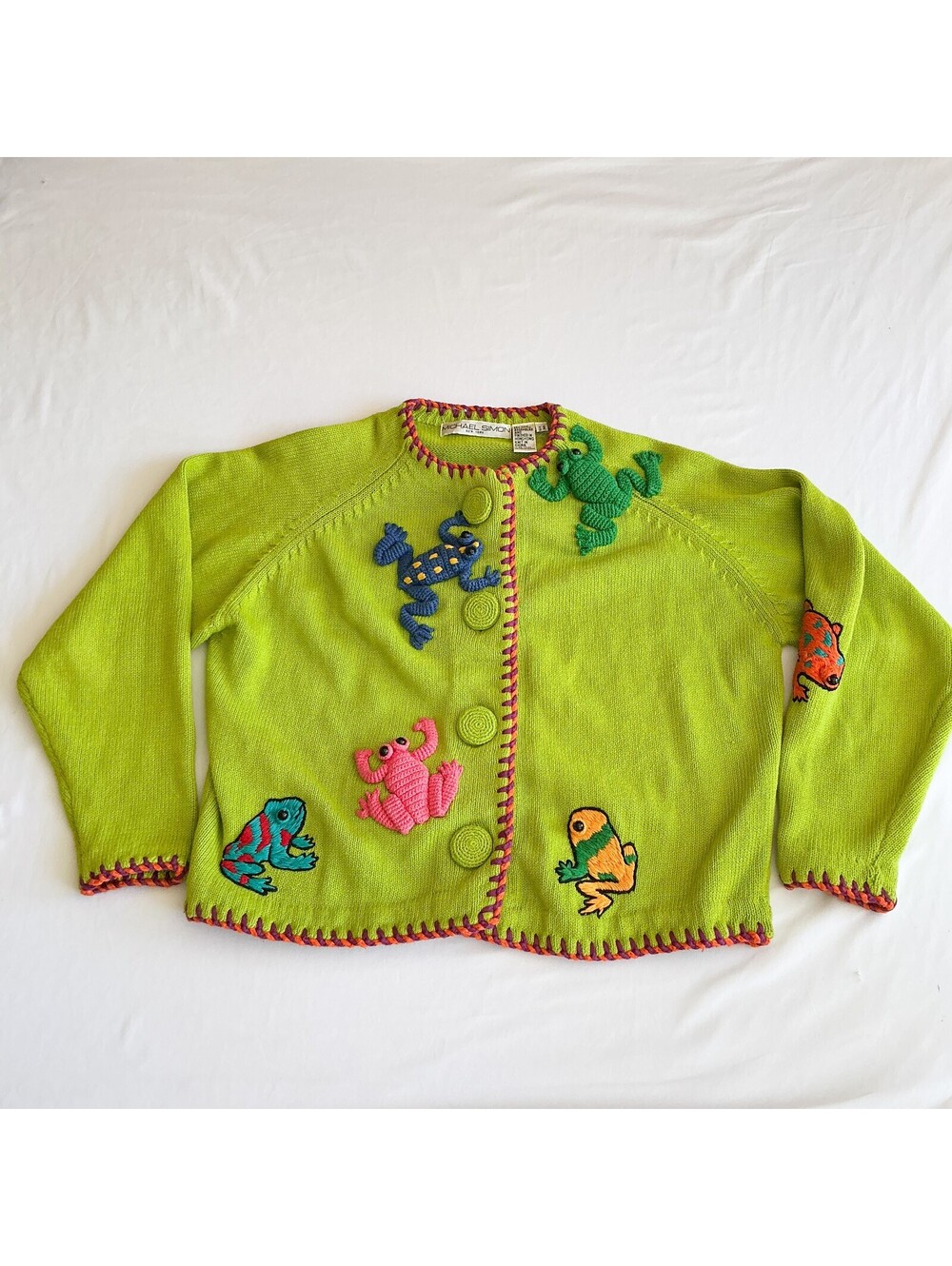 Michael Simon Vintage Green Frog Embroidered Knit Cardigan Sweater Size One Size